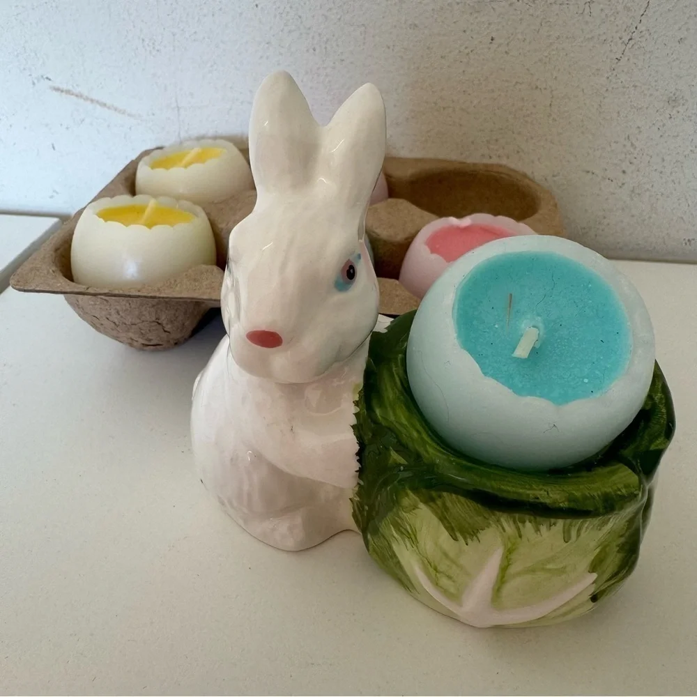 Hallmark White Ceramic Easter Bunny Candle Holder and Egg Shaped Candles